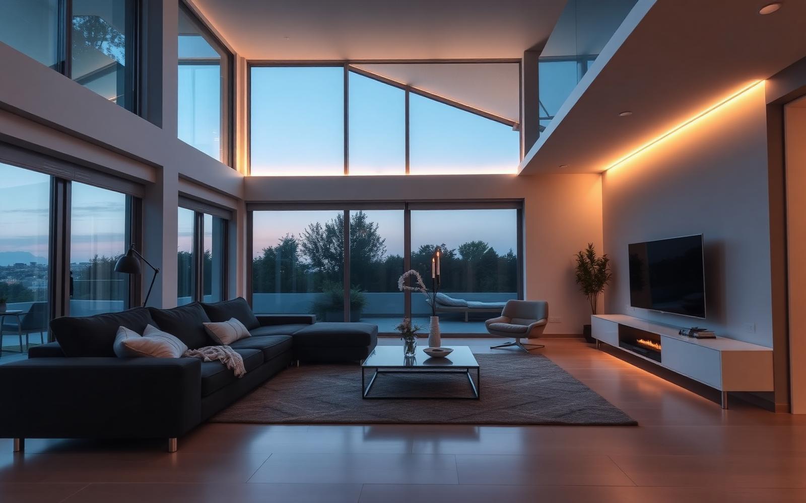 Modern living room at dusk with warm ambient lighting