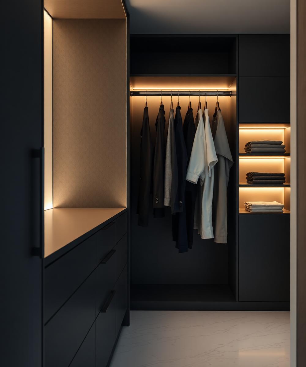 Walk-in closet with warm LED illumination