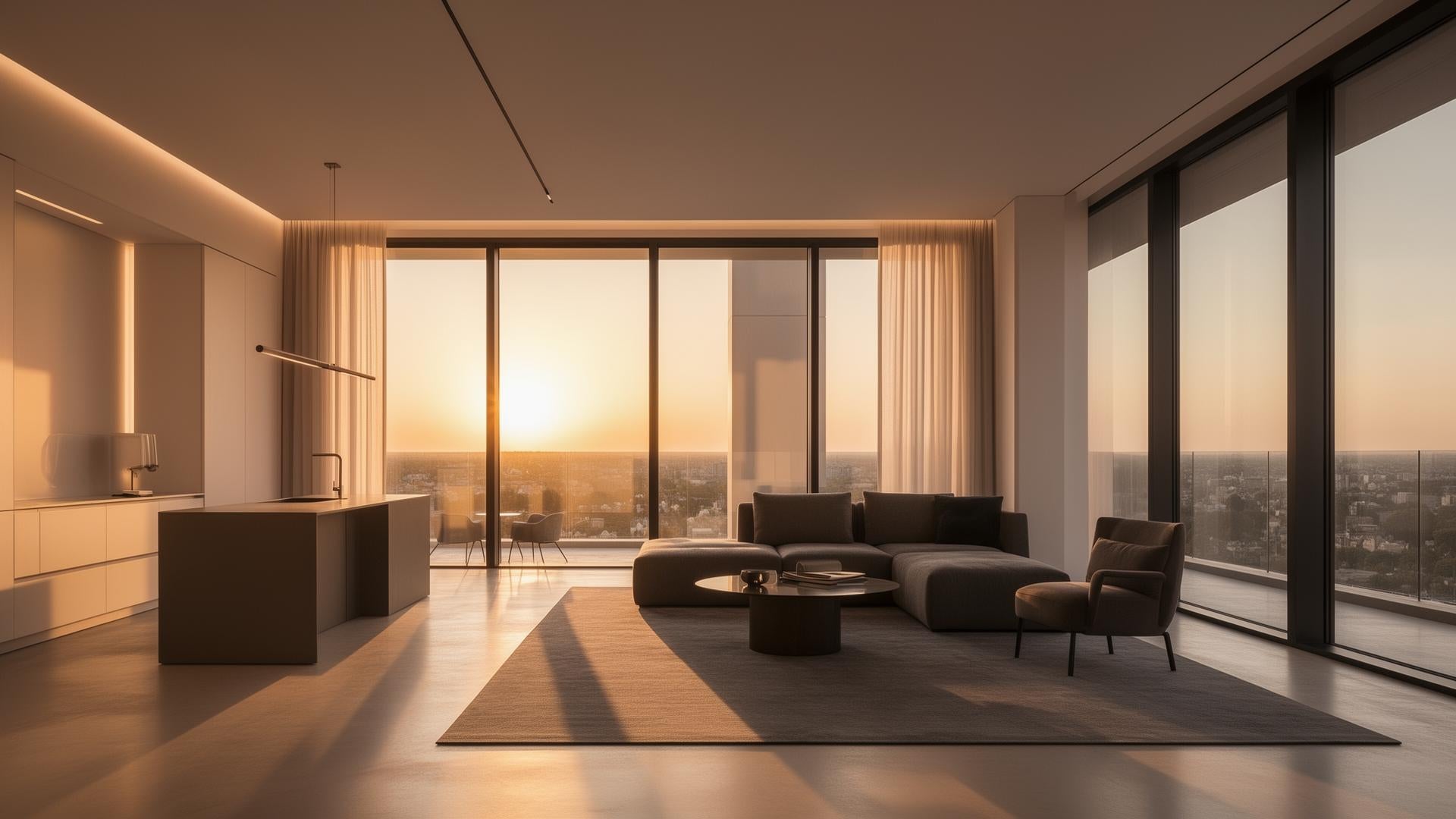 A serene modern apartment at golden hour